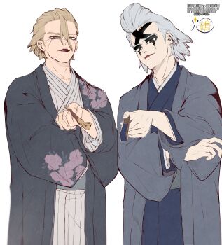 Rule 34 | 2boys, absurdres, alternate costume, black kimono, blonde hair, blue kimono, closed mouth, cowboy shot, dr. stone, floral print, grey hair, grey kimono, hair between eyes, hair slicked back, haori, highres, holding, holding smoking pipe, japanese clothes, kimono, long sleeves, looking at viewer, makeup, male focus, mitsuru (aica hikari), multiple boys, red lips, short hair, simple background, smile, smoking pipe, stanley snyder (dr.stone), striped clothes, striped kimono, white background, xeno (dr.stone)