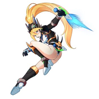 1girl absurdres alternate_costume armor armored_boots armored_gloves ass back_holster biometal blonde_hair blue_eyes body_armor boots breasts chest_jewel ciel_(mega_man) commission commissioner_upload covered_navel elbow_gloves energy_dagger eyelashes fighting_stance fishnet_sleeves fishnets forehead_jewel full_body gauntlets gloves helmet high_heel_boots high_heels highres holding knee_boots leotard long_bangs looking_at_viewer marino_(mega_man) mechanical_ears mega_man_(series) mega_man_zero_(series) mega_man_zx non-web_source official_alternate_color petite ponytail shoulder_armor small_breasts solo thighs transparent_background uta_guipiy