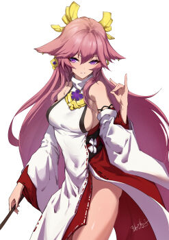 Rule 34 | 1girl, absurdres, animal ears, artist name, ass, bare shoulders, black sash, bow, breasts, brooch, covered navel, cowboy shot, detached sleeves, earrings, fox ears, fox girl, fox shadow puppet, gem, genshin impact, gohei, gold earrings, hair between eyes, hand up, headpiece, highres, holding, holding gohei, japanese clothes, jewelry, long hair, long sleeves, looking at viewer, medium breasts, morinosuke, nontraditional miko, pink hair, purple eyes, purple gem, red sash, red skirt, sash, shirt, sideboob, sidelocks, signature, simple background, skirt, sleeveless, sleeveless shirt, smile, solo, standing, teeth, turtleneck, turtleneck shirt, very long hair, wavy hair, white background, white bow, white shirt, wide sleeves, yae miko
