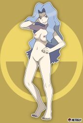Rule 34 | 1girl, absurdres, adjusting hair, armpits, artist name, barefoot, breasts, cleft of venus, clenched hands, clenched teeth, collarbone, completely nude, creatures (company), elite four, eyelashes, feet, female focus, fingernails, full body, game freak, grey eyes, grey hair, groin, hair intakes, half-closed eyes, hand on own hip, hand up, head tilt, heel up, highres, karen (pokemon), large breasts, legs, long hair, looking at viewer, matching hair/eyes, navel, neck, nilterguy, nintendo, nipples, nude, nude filter, official art nude filter, on one knee, parted bangs, parted lips, poke ball symbol, pokemon, pussy, revision, seductive smile, sidelocks, smile, standing, teeth, thighs, third-party edit, toenails, toes, unworn clothes, v-shaped eyebrows, wavy hair, yellow background