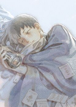 1boy asagiri_gen asymmetrical_hair black_hair blanket bottle card cola commentary_request covering_with_blanket crying crying_with_eyes_open dr._stone glass_bottle hair_ornament heart heart_hair_ornament holding holding_bottle hugging_object long_sleeves looking_to_the_side lying male_focus money multicolored_hair on_side sad shirt short_hair simple_background solo tears turtleneck turtleneck_shirt two-tone_hair under_covers upper_body white_background wrapped_in_blanket zura00zura