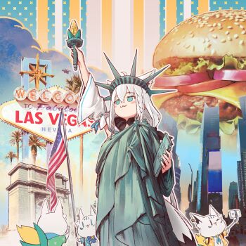 1girl :3 absurdres american_flag animal_ears arm_up blue_bow blue_bowtie blue_eyes blue_neckerchief blue_shirt bow bowtie braid building burger cellphone closed_mouth commentary corn detached_sleeves english_commentary food fox_ears fox_girl fox_tail highres holding holding_food holding_torch hololive hyde_(tabakko) las_vegas long_hair long_sleeves neckerchief new_york_city open_clothes open_shirt palm_tree patriotism phone selfie_stick shirakami_fubuki shirakami_fubuki_(1st_costume) shirt side_braid sidelocks skyscraper smartphone smile solo statue_of_liberty sukonbu_(shirakami_fubuki) tail taking_picture times_square torch tree united_states virtual_youtuber welcome_to_fabulous_las_vegas_sign white_hair white_sleeves wide_sleeves yellow_shirt