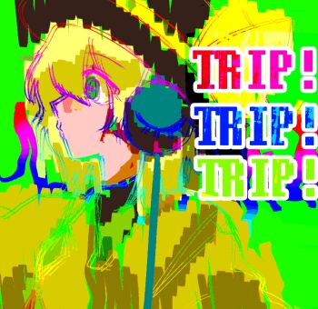 Rule 34 | 1girl, abstract, absurdres, blonde hair, bow, brown hat, cha syu oic, closed mouth, commentary, english text, expressionless, from side, green background, green eyes, hat, hat bow, highres, komeiji koishi, medium hair, shirt, solo, third eye, touhou, wide-eyed, yellow shirt