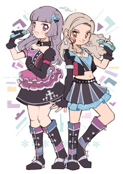 2girls absurdres aikatsu! aikatsu!_(series) black_boots black_gloves black_jacket black_shirt black_skirt blonde_hair blunt_bangs boots brown_eyes closed_mouth detached_collar full_body gloves hair_ornament hand_up highres hikami_sumire holding holding_microphone idol_clothes jacket jewelry knee_boots kurosawa_rin long_hair looking_at_viewer microphone midriff multicolored_hair multiple_girls nail_polish necklace open_clothes open_jacket open_mouth purple_eyes purple_hair shirt skirt smile standing star_(symbol) star_hair_ornament streaked_hair white_background yukikokoro