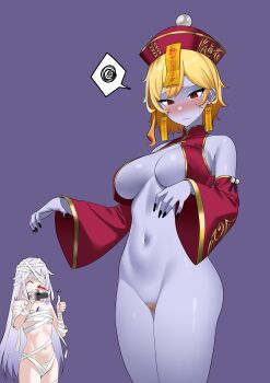 2girls absurdres alternate_costume bare_shoulders blonde_hair blue_skin blush bottomless breasts chest_jewel chinese_clothes colored_skin earrings embarrassed female_pubic_hair gem grey_hair groin halloween halloween_costume hat_ornament highres hololive hololive_english hololive_indonesia jewel_under_eye jewelry jiangshi jiangshi_costume kaela_kovalskia koseki_bijou large_breasts long_hair multiple_girls mummy_costume navel ofuda open_mouth outstretched_arms protected_link pubic_hair purple_gemstone raikkonen recording red_eyes simple_background talisman virtual_youtuber zombie_pose