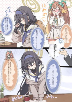 1boy 2girls black-framed_eyewear black_hair blue_archive blue_hairband blue_neckerchief blush bow brown_cardigan brown_halo cardigan closed_eyes coffee commentary_request cup green_bow hair_bow hairband halo highres houraku long_hair low_twintails multiple_girls neckerchief open_mouth orange_hair orange_sailor_collar plant sailor_collar school_uniform sensei_(blue_archive) serafuku shimiko_(blue_archive) shirt skirt speech_bubble translation_request twintails ui_(blue_archive) white_sailor_collar white_shirt white_skirt