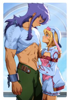 1boy 1girl absurdres alice_(tales) belt blonde_hair bloomers_(victorian) blue_eyes blue_hair blush breasts commentary commission crop_top cuffs english_commentary gravydood green_pants hand_on_another's_stomach handcuffs hat height_difference hetero highres long_hair long_sleeves looking_at_another muscular muscular_male navel pants pink_headdress regal_bryan short_hair sky small_breasts smile tales_of_(series) tales_of_symphonia tales_of_symphonia:_dawn_of_the_new_world veil yellow_eyes