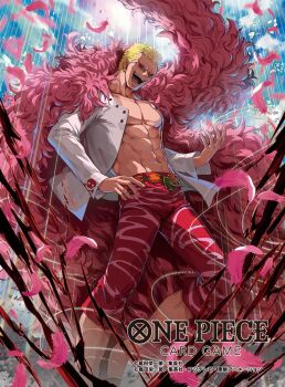 1boy abs blonde_hair cape cloud commentary_request copyright_name donquixote_doflamingo earrings evil_smile feather_cape feathers jewelry leg_hair moreshan official_art one_piece one_piece_card_game outdoors pink_cape pink_feathers shirt short_hair smile solo string sunglasses white_shirt