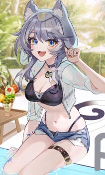 1girl :3 :d absurdres arm_at_side belt bikini bikini_under_clothes black_belt black_bikini blue_eyes braid breasts cipher_(honkai:_star_rail) cleavage commentary crop_top cropped_shirt denim denim_shorts exposed_pocket feet_out_of_frame glass grey_hair hair_over_shoulder hand_up highleg highleg_bikini highres honkai:_star_rail honkai_(series) jinya large_breasts long_hair looking_at_viewer micro_shorts navel open_clothes open_fly open_mouth open_shirt open_shorts see-through_clothes see-through_shirt shirt short_sleeves shorts sitting smile soaking_legs solo stomach swimsuit thigh_belt thigh_strap torn_clothes torn_shorts unzipped water white_shirt