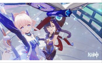 2girls 3d aqua_eyes arm_up armor blue_eyes book bow bowtie cape choker detached_collar dress genshin_impact gloves hat highres leotard looking_at_viewer magical_girl mona_(genshin_impact) multiple_girls open_mouth pantyhose pink_hair purple_hair sangonomiya_kokomi shorts smile twintails water_drop witch_hat