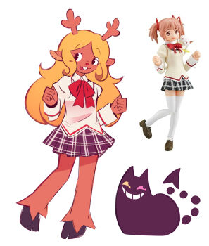 1girl alternate_costume alternate_universe animal_ears antlers black_eyes blonde_hair bow bowtie buck_teeth cat clenched_hands collared_shirt colored_sclera commentary commentary_typo creature deer_antlers deer_ears deer_girl deltarune design_speculation english_commentary eyes_visible_through_hair fafameow figure-referenced friend_(deltarune) frilled_sweater full_body furry furry_female grin hands_up highres hooves horns invisible_floor juliet_sleeves leg_up long_hair long_sleeves looking_to_the_side mahou_shoujo_madoka_magica miniskirt mismatched_sclera mitakihara_school_uniform noelle_holiday open_mouth orange_fur pac-man_eyes parted_bangs pigeon-toed pink_sclera plaid_clothes plaid_skirt pleated_skirt puffy_sleeves purple_skirt raised_eyebrows red_bow red_bowtie reference_inset reindeer_girl school_uniform shirt sidelocks sideways_glance skirt sleeve_cuffs smile standing standing_on_one_leg sweater teeth utdr_(toby_fox) white_background white_shirt white_sweater wing_collar yellow_sclera