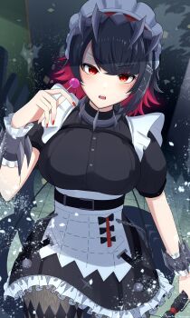 1girl black_dress black_hair black_pantyhose blush breasts colored_inner_hair commentary_request cowboy_shot dress ellen_joe fins fish_tail frilled_wristband hairband hand_up highres holding holding_weapon houton_tamago large_breasts looking_at_viewer maid_headdress metal_hairband mole mole_under_eye multicolored_hair open_mouth pantyhose razor_blade_hair_ornament red_nails scar scar_on_tail shark_girl shark_tail sharp_teeth short_hair solo spiked_headband tail teeth weapon zenless_zone_zero