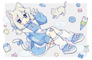 1girl absurdres animal animal_ear_fluff animal_ears animal_hands apron bandaid bandaid_on_knee bandaid_on_leg blue_bow blue_eyes blue_jacket blue_shoes blush_stickers border bow bright_pupils cat cat_ears cat_girl cat_tail cherry claws commentary_request donut dot_nose double-parted_bangs drink_carton food frilled_apron frilled_skirt frills fruit full_body fumiko_(rubra_plumeria) grey_background grid_background hair_between_eyes hair_bow hair_ornament hairclip hand_up heart highres ice_cream jacket jersey_maid long_sleeves looking_at_viewer loose_socks macaron maid milk_carton open_mouth original outside_border shoes short_hair skirt sleeve_bow socks solo star_(symbol) tail tail_bow tail_ornament track_jacket unconventional_maid v white_apron white_border white_hair white_pupils white_skirt white_socks