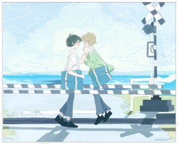 2boys alternate_costume antenna_hair artist_name bag basil_(faraway)_(omori) basil_(omori) black_eyes black_hair blonde_hair cardigan closed_eyes cloud collared_shirt day duffel_bag green_cardigan grey_pants highres male_focus multiple_boys omori outdoors pants railroad_crossing railroad_signal railroad_tracks road shirt short_hair short_sleeves sidelocks sunny_(omori) umilini2 white_shirt