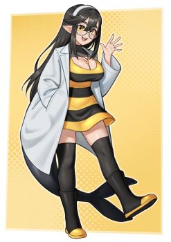 1girl absurdres black_boots black_hair black_thighhighs blush boots borrowed_character breasts brown_eyes cetacean_tail cleavage cleavage_cutout clothing_cutout commission dolphin_girl fins fish_tail full_body grey-framed_eyewear grey_outline hairband highres hunybee jewelry lab_coat large_breasts lips long_hair long_sleeves looking_at_viewer necklace original outline pointy_ears smile solo tail teeth thighhighs tongue upper_teeth_only white_hairband