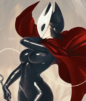 1girl absurdres artist_name black_bodysuit black_hair bodysuit breasts cape commentary covered_navel cowboy_shot highres holding holding_weapon hollow_knight hollow_knight:_silksong horn-shaped_hair horned_mask hornet_(hollow_knight) humanization impossible_bodysuit impossible_clothes mask medium_breasts needle_(hollow_knight) red_cape solo weapon white_mask yiiande