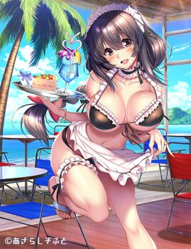 1girl amakano_~second_season~ apron bikini black_bikini black_hair blue_sky blush braid braided_ponytail breasts brown_eyes cake chair choker cleavage cloud collarbone crazy_straw cup day drinking_glass drinking_straw eyes_visible_through_hair food frilled_arm_strap frilled_bikini frilled_choker frilled_thigh_strap frills hair_between_eyes head_tilt heart_straw holding holding_tray jewelry large_breasts leg_up long_hair looking_at_viewer lower_teeth_only maid maid_apron maid_bikini maid_headdress mountainous_horizon ocean official_art open_mouth outdoors piromizu raised_eyebrows ring round_table sky smile solo standing standing_on_one_leg swimsuit table takayashiro_yuzuka teeth thigh_strap thighs tray unconventional_maid water white_apron white_choker
