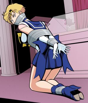 1girl arms_behind_back ass bdsm bishoujo_senshi_sailor_moon blonde_hair blue_eyes bondage bound bound_ankles bound_arms bound_wrists breast_bondage breasts from_behind gag gagged high_heels imightbemick improvised_gag legs sailor_uranus sideboob skirt tape tape_bondage tape_gag ten&#039;ou_haruka