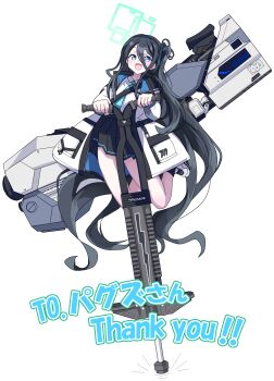 Rule 34 | 1girl, absurdres, aris (blue archive), black hair, blue archive, blush, full body, guchurimu genrishugi, hair between eyes, hair ornament, hairband, halo, highres, jacket, long hair, looking at viewer, necktie, open mouth, pogo stick, railgun, school uniform, simple background, solo, thighs, weapon, white background