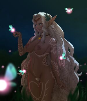 1girl body_markings breasts commentary commission completely_nude earrings english_commentary facial_mark fairy flxwerpxwer029 highres jewelry long_hair magatama magatama_necklace navel necklace nintendo nipples nude pointy_ears second-party_source signature solo sonia_(zelda) the_legend_of_zelda the_legend_of_zelda:_tears_of_the_kingdom white_hair