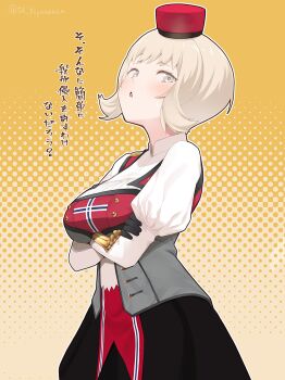 1girl arms_under_breasts befu black_skirt blonde_hair breasts commentary_request crossed_arms gloves grey_eyes hat highres kantai_collection large_breasts looking_at_viewer norge_(kancolle) red_hat shirt short_hair skirt solo translation_request white_gloves white_shirt