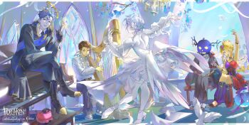 1girl 1other 3boys absurdres alternate_costume antlers arched_window archionturkey arm_up belt bench bird black_jacket blonde_hair blouse blue_hair blue_sash boots brown_hair chandelier character_request check_character crossed_legs dancing day detached_sleeves dove dress dutch_angle elliot_(roblox) everyone forsaken_(roblox) full_body grand_piano grin guest_1337_(roblox) hair_bun halo hand_up hands_on_lap harp highres horns instrument jacket layered_dress leg_warmers letterboxed looking_at_viewer matt_dusek multiple_boys music object_head outside_border outstretched_arm piano playing_instrument pumpkin_head roblox sash scenery shedletsky_(roblox) shirt shirt_tucked_in short_hair sitting sitting_on_piano smile stained_glass streamers tile_floor tiles tree two_time_(forsaken) white_dress white_hair white_shirt window