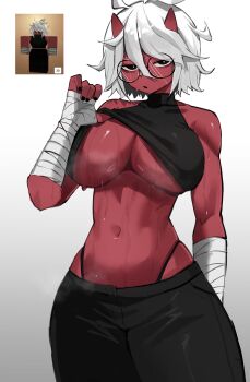 1girl absurdres bandaged_arm bandages bare_shoulders black_eyes black_nails black_pants channyy19 clothes_lift colored_skin cone_horns crop_top g-string glasses highres horns looking_at_viewer oni open_mouth pants red_skin roblox shirt_lift skin-covered_horns solo thong white_hair