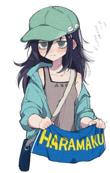 1girl 2channel alternate_costume badge bag bags_under_eyes banner baseball_cap black_hair blue_bag blush breasts casual collarbone collared_shirt commentary cropped_torso green_eyes green_hat green_shirt grey_tank_top hair_between_eyes hat highres holding_banner kuroki_tomoko long_hair long_sleeves looking_to_the_side nuka_(nukamochi) open_clothes open_shirt parted_lips print_tank_top shirt shoboon shoulder_bag sidelocks simple_background small_breasts solo sweat tank_top translation_request upper_body watashi_ga_motenai_no_wa_dou_kangaetemo_omaera_ga_warui! white_background