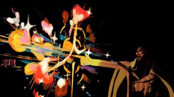 1boy alternate_skin_color arm_up artist_name black_background black_hair buttons closed_mouth coat coat_on_shoulders dark dark-skinned_male dark_skin devil_fruit_power epaulettes facial_hair finger_gun glowing glowing_hand heart high_contrast highres kizaru_(one_piece) male_focus necktie one_piece outstretched_arm painterly photokinesis puckered_lips short_hair simple_background slmea solo sparkle sunglasses tinted_eyewear upper_body vertical-striped_suit yellow-tinted_eyewear