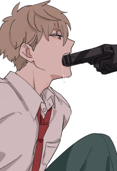 Rule 34 | 2boys, adam's apple, bags under eyes, black gloves, blonde hair, blue eyes, breast pocket, collared shirt, commentary, dress pants, drooling, from side, gloves, green pants, gun, gun in mouth, handgun, holding, holding gun, holding weapon, knee up, looking ahead, loose necktie, male focus, multiple boys, necktie, nervous, pants, partially unbuttoned, pocket, profile, red necktie, shirt, short hair, simple background, small sweatdrop, snsikwii, solo focus, spy x family, twilight (spy x family), undercut, upper body, very short hair, weapon, white background, white shirt, yuri briar