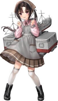 1girl apron artist_request bad_link bandana black_boots black_hair boots brown_bandana brown_skirt collared_shirt cooler full_body grey_apron kantai_collection long_hair looking_at_another machinery nankai_(kancolle) pink_shirt pleated_skirt red_eyes rubber_boots shirt side_ponytail skirt solo standing thighhighs transparent_background white_thighhighs