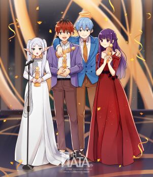 2boys 2girls :d :o absurdres artist_name black_hair blue_eyes blue_hair blue_jacket brown_pants commentary confetti contemporary dress dress_shirt elf english_commentary english_text fern_(sousou_no_frieren) formal_clothes frieren green_eyes hakamii halo hand_on_another&#039;s_shoulder highres himmel_(sousou_no_frieren) holding holding_trophy jacket long_hair long_pointy_ears long_sleeves microphone microphone_stand multicolored_hair multiple_boys multiple_girls open_clothes open_jacket open_mouth pants parted_bangs pointy_ears purple_eyes purple_hair purple_jacket red_dress red_hair second-party_source shirt short_hair smile sousou_no_frieren stage stark_(sousou_no_frieren) time_paradox trophy twintails two-tone_hair white_dress white_shirt wing_collar