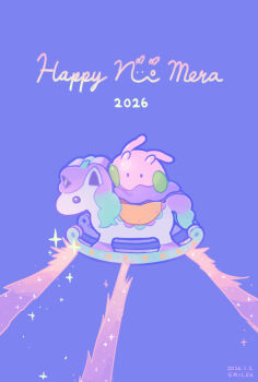 2026 akira_slide blue_background chinese_zodiac commentary dated galarian_form galarian_ponyta gen_6_pokemon gen_8_pokemon goomy new_year nintendo no_humans numera_goomy pokemon pokemon_(creature) pokemon_focus solo wooden_horse year_of_the_horse