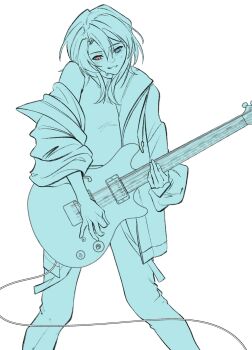 1girl bang_dream! bang_dream!_it&#039;s_mygo!!!!! blue_eyes cable chinese_commentary commentary_request electric_guitar guitar hero45439083942 heterochromia highres holding holding_guitar holding_instrument instrument jacket medium_hair monochrome music off_shoulder original playing_guitar playing_instrument red_eyes simple_background solo spot_color takamatsu_shizuku white_background