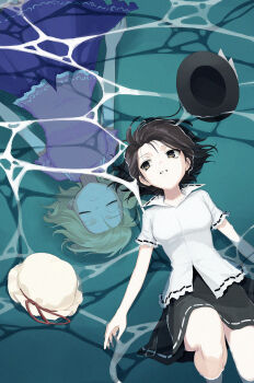 2girls afloat black_hair black_hat black_skirt blonde_hair closed_eyes collared_shirt commentary_request feet_out_of_frame floating_hair futoumeido hat hat_ribbon highres knees maribel_hearn mob_cap multiple_girls open_mouth parted_lips partially_submerged purple_shirt purple_skirt red_ribbon ribbon ribbon-trimmed_collar ribbon-trimmed_shirt ribbon_trim shirt short_hair short_sleeves sideways_glance skirt submerged touhou unworn_hat unworn_headwear usami_renko white_hat white_shirt