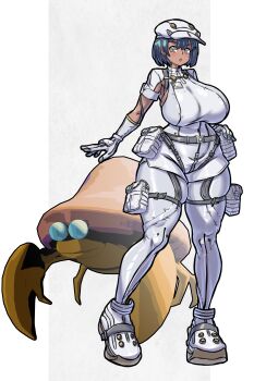 1girl aether_foundation_employee black_hair breasts dark_skin gen_1_pokemon gloves hat large_breasts mold_(pixiv6616319) nintendo parasect pokemon pokemon_(creature) pokemon_sm short_hair tan white_gloves