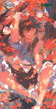 1girl absurdres battery_indicator black_hair black_wings blue_sky camera character_request check_character cui_suika feathered_wings feet_out_of_frame geta hat highres holding holding_camera leaf looking_at_viewer maple_leaf maple_tree neck_ribbon pom_pom_(clothes) red_eyes red_hat ribbon shameimaru_aya shirt short_hair short_sleeves sitting sitting_on_branch skirt sky smile solo tengu tengu-geta tokin_hat touhou tree user_interface viewfinder wings