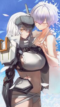 2girls absurdres armor bandaged_waist breasts chest_harness cloak closed_eyes closed_mouth commentary cowboy_shot crop_top crotch_plate dog_tags dress goddess_of_victory:_nikke hair_between_eyes harness head-mounted_display highres holding_dog_tags jindogod large_breasts liliweiss_(nikke) long_hair mechanical_arms midriff multiple_girls navel official_alternate_costume pilgrim_symbol_(nikke) scar scar_on_stomach scar_on_thighs shirt short_hair shoulder_armor sidelocks sleeveless sleeveless_dress sleeveless_shirt snow_white_(heavy_arms)_(nikke) snow_white_(nikke) solo_focus standing tears torn_cloak torn_clothes white_cloak white_dress white_hair white_shirt yellow_eyes