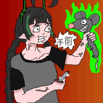 1boy 1girl ahoge black_hair braid clenched_teeth elfinpsyop green_eyes grey_shirt highres indie_virtual_youtuber japanese_text joeychimney knife loli long_hair mouse pointy_ears red_background shirt teeth translation_request twin_braids veins veiny_arms veiny_neck virtual_youtuber weapon