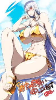 1girl abs absurdres armpit_crease beach bikini blue_sky blush breasts cameltoe cleavage closed_mouth cloud covered_erect_nipples ebido eyelashes feet fingernails foot_out_of_frame from_below furrowed_brow gold_bikini gold_choker hair_between_eyes highres huge_breasts knee_up legs long_fingernails long_sidelocks looking_at_viewer looking_down looking_to_the_side nail_polish navel nose_blush outdoors pink_nails platform_footwear red_eyes selvaria_bles senjou_no_valkyria senjou_no_valkyria_(series) senjou_no_valkyria_1 shochuumimai sidelocks sitting sky small_head solo straight_hair string sweatdrop swimsuit thighs toenail_polish toenails toes toned toned_female towel translation_request underboob very_long_sidelocks white_hair