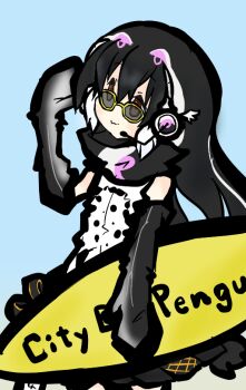 1girl african_penguin_(kemono_friends) black_hair blue_background elbow_gloves gloves headphones hood hoodie kemono_friends kemono_friends_v_project long_hair looking_at_viewer microphone multicolored_hair penguin_girl red_eyes simple_background skirt sleeveless solo sunglasses surfboard tanuki_kamen virtual_youtuber