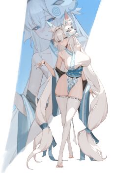 1girl absurdly_long_hair absurdres animal_ears bare_shoulders blue_eyes blue_nails breasts bridal_legwear closed_mouth commission crossed_legs detached_sleeves dress fingernails fox_ears fox_mask hair_ribbon hand_up highres japanese_clothes large_breasts long_hair looking_at_viewer mask mask_on_head nail_polish no_panties obi original pelvic_curtain ribbon sash second-party_source sharp_fingernails sib_(9obsl) sideboob skindentation solo standing thighhighs thighs tiptoes v very_long_hair watson_cross white_dress white_hair white_thighhighs wide_sleeves zoom_layer
