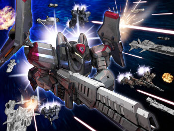 3d battle commentary_request energy_beam energy_gun explosion gun holding holding_gun holding_weapon mecha mecha_focus motion_lines original robot shu_(la-placetick) space spacecraft speed_lines thrusters two-handed weapon
