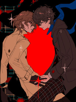 2boys akechi_gorou amamiya_ren black_gloves brown_coat brown_hair chinese_commentary coat commentary_request glasses gloves highres multiple_boys pants persona persona_5 plaid_clothes plaid_pants plaid_scarf red_gloves scarf school_uniform short_hair shuujin_academy_school_uniform xingkong_mie_geng yaoi