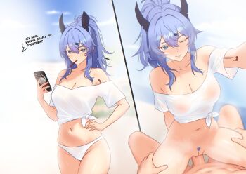 absurdres anal anb_(anb_draws) arm_behind_back arm_tattoo beach bikini black_horns blue_hair blue_pubic_hair breasts cleavage colored_pubic_hair commentary cowgirl_position expressionless food food_in_mouth hand_on_own_hip highres holding holding_another's_legs holding_phone horns long_hair long_sidelocks looking_at_viewer navel one_eye_closed original phone pocky pocky_in_mouth ponytail pubic_hair reaching reaching_towards_viewer saki_(the_atko) selfie sex shirt sidelocks smile speech_bubble stomach straddling swimsuit tattoo tied_shirt untranslatable_commentary vaginal wet wet_clothes wet_shirt white_bikini white_shirt