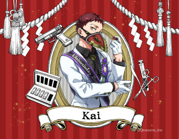 1boy ammunition_box award_ribbon beads black_sash black_shirt boku_no_hero_academia bolo_tie border brown_hair bullet card_(medium) card_parody character_name choppy_bangs collared_shirt flower_knot from_side gloves gun half_gloves hand_on_own_elbow hand_up handgun holding holding_bullet jacket long_sleeves looking_at_viewer male_focus mask mouth_mask overhaul_(boku_no_hero_academia) plague_doctor_mask purple_trim red_background red_mask rope round_border sash scalpel shide shimenawa shirt short_bangs short_hair solo sparkle striped_background suit_jacket surgical_scissors tassel tsunao twisted_wonderland upper_body very_short_hair vial weapon white_gloves white_jacket yellow_eyes