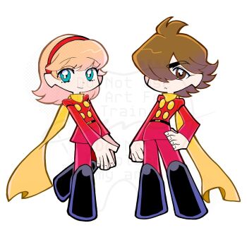 Rule 34 | black boots, blonde hair, boots, brown eyes, brown hair, cm ooa, coat, couple, cyborg, cyborg 009, francoise arnoul, green eyes, hair over one eye, hairband, highres, light smile, looking at viewer, pants, panty &amp; stocking with garterbelt (style), red coat, red hairband, red pants, scarf, shimamura joe, soldier, yellow scarf
