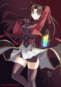 1girl black_gloves black_hair black_necktie black_shirt black_thighhighs blue_eyes breasts commentary_request earrings fate/stay_night fate_(series) gem gloves highres honkai:_star_rail honkai_(series) hoop_earrings jacket jewelry long_hair looking_at_viewer medium_breasts narukamikagerou necktie pendant red_gem red_jacket rin's_pendant_(fate) shirt skirt smile solo thighhighs tohsaka_rin tohsaka_rin_(honkai:_star_rail) twintails white_skirt zelretch_sword