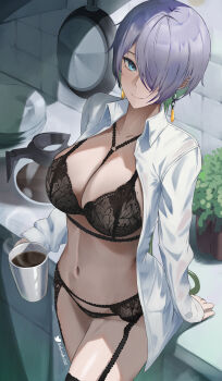 1girl absurdres black_bra black_garter_belt black_panties black_thighhighs bra breasts brid_(nikke) closed_mouth coffee_pot commentary commission counter cup disposable_cup earrings elvandec english_commentary frying_pan garter_belt goddess_of_victory:_nikke grey_hair hair_over_one_eye highres holding holding_cup jewelry kitchen large_breasts mole mole_on_breast mug navel open_clothes open_shirt panties plant plate potted_plant shirt short_hair solo steam stomach thighhighs tile_wall tiles underwear white_shirt