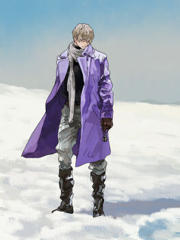 Rule 34 | 1boy, axis powers hetalia, belt, black boots, black sweater, blue sky, boots, brown belt, brown gloves, closed mouth, cloud, cloudy sky, coat, commentary request, cross, cross necklace, day, full body, gloves, grey hair, grey pants, haaaapy, hair between eyes, half-closed eyes, holding, holding jewelry, holding necklace, jewelry, lapels, leather, leather boots, leather gloves, long sleeves, looking down, male focus, mountainous horizon, necklace, open clothes, open coat, outdoors, pants, purple coat, purple eyes, russia (hetalia), scarf, shadow, short hair, sky, snow, solo, standing, sweater, turtleneck, turtleneck sweater, white scarf, winter